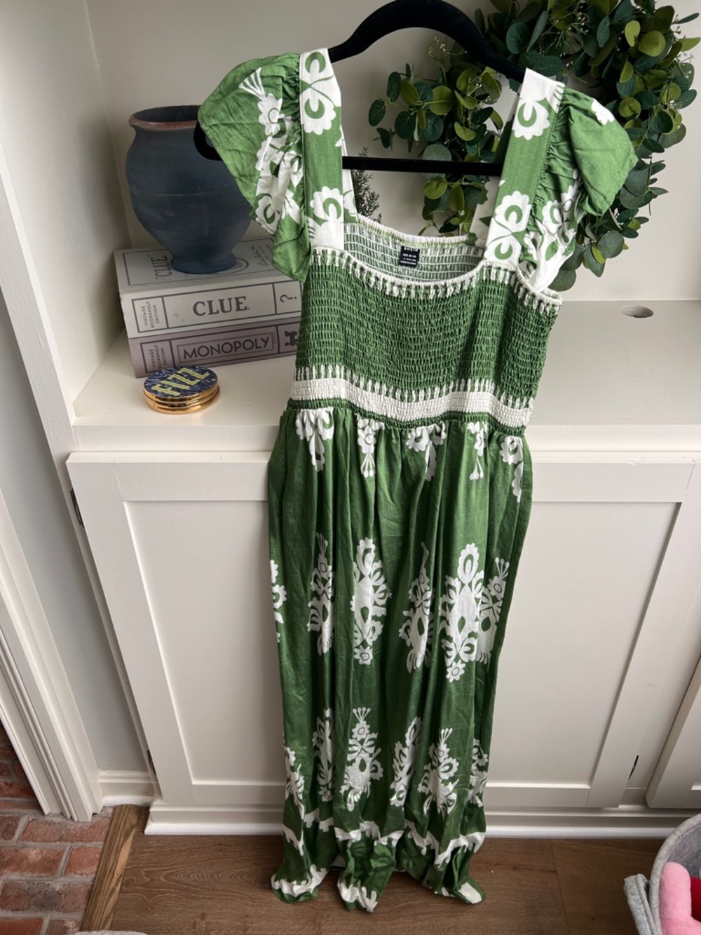 Green Smocked Maxi Dress with White Floral Print